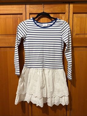 Hanna Andersson Striped Navy White Cotton Long Sleeve Ruffle Dress
